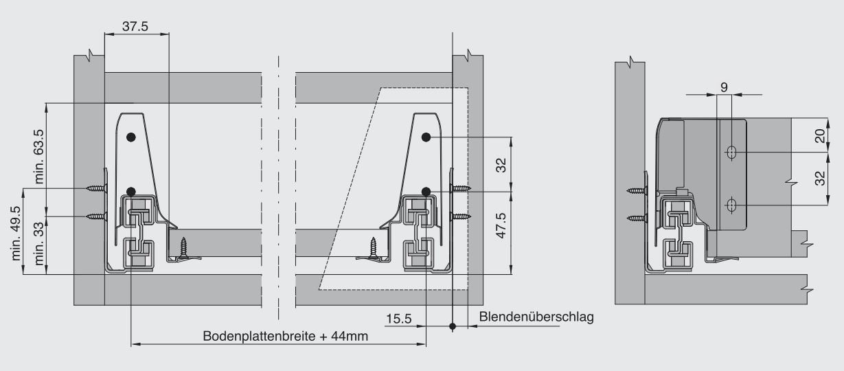 Bohrbild für Frontblende und Rückwand für Schublade mit Softclose der Marke Harn Ritma Cube