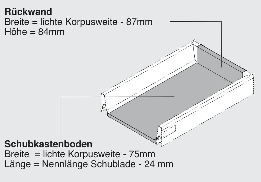 Einbaumaße für Küchenschublade mit Softclose der Marke Harn Ritma Cube für Rückwand und Boden