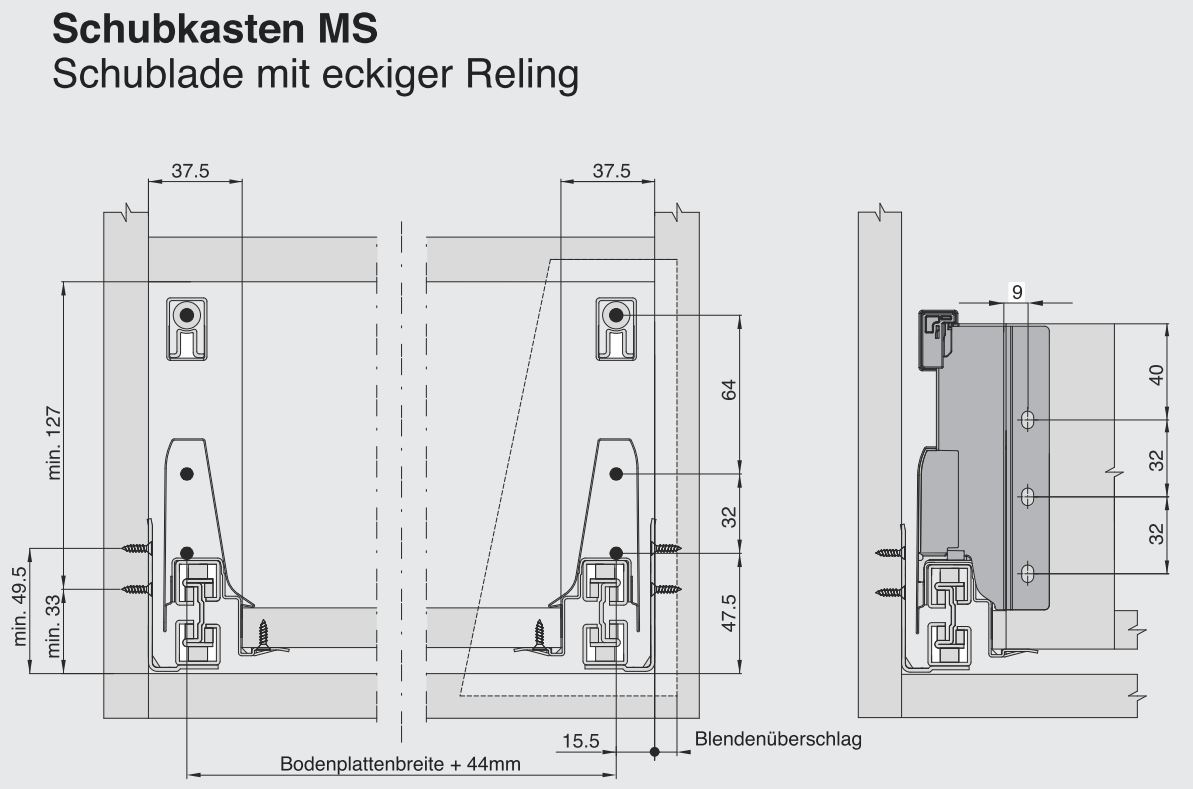 Bohrbild für Frontblende und Rückwand für Schublade mit Reling und Softclose der Marke Harn Ritma Cube