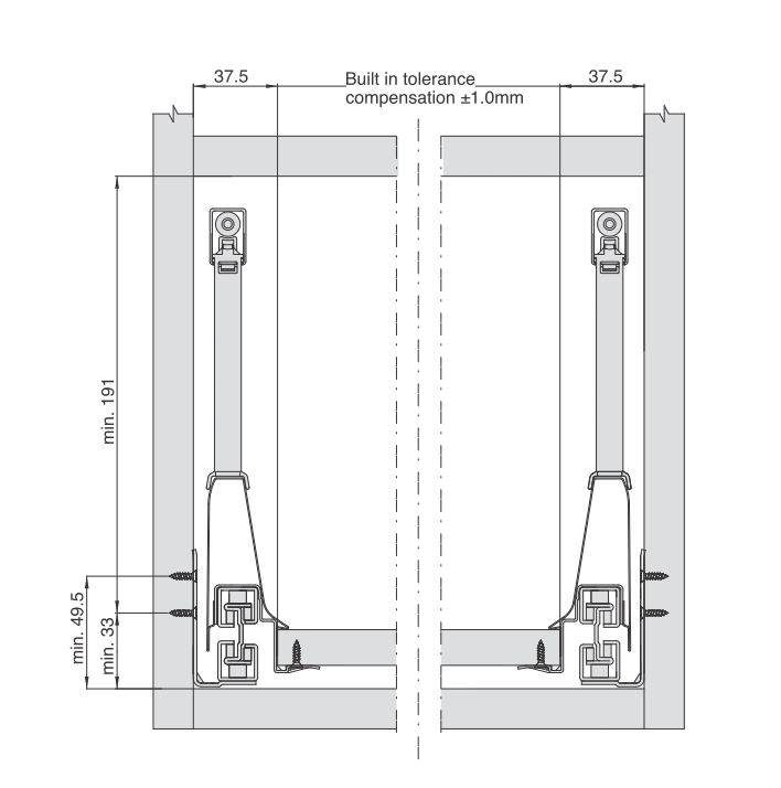 Bohrbild für Frontblende für Innenschublade mit Hoher Seitenwand und Softclose der Marke Harn Ritma Cube