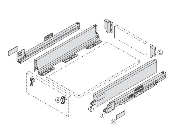 Technische Explosionszeichnung einer Schublade mit Softclose der Marke Harn Ritma Cube