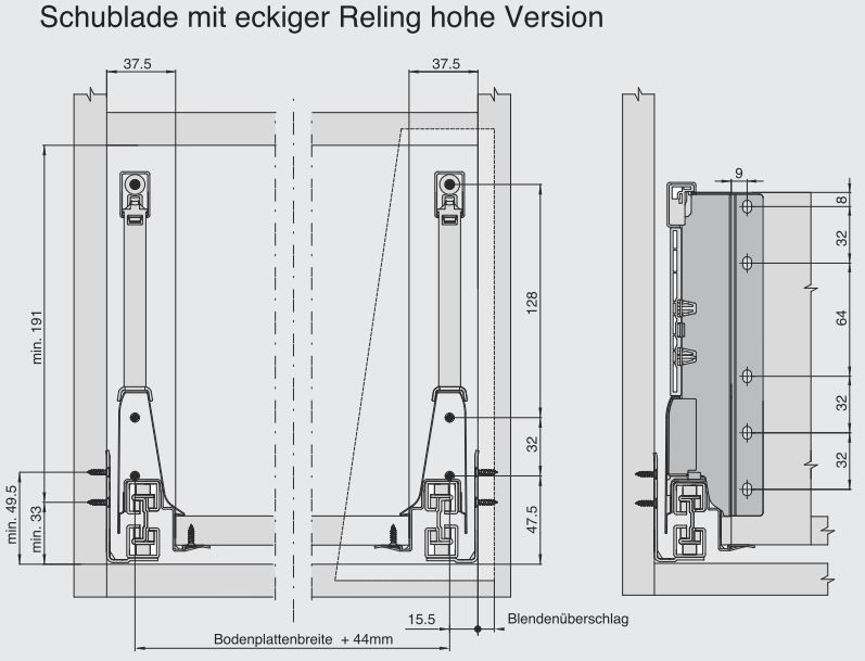 Bohrbild für Frontblende und Rückwand für Schublade mit Reling, Seitenwand und Softclose der Marke Harn Ritma Cube