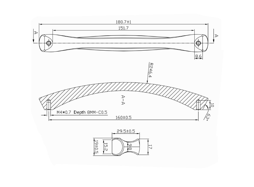 Technische Zeichnung von einem moderner Möbelgriff schwarz matt im geschwungenem Design mit einem Bohrabstand von 160mm