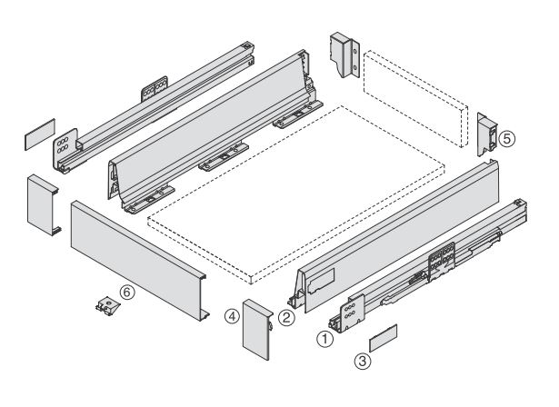 Technische Explosionszeichnung einer Schublade als Version Innenschublade mit Softclose der Marke Harn Ritma Cube